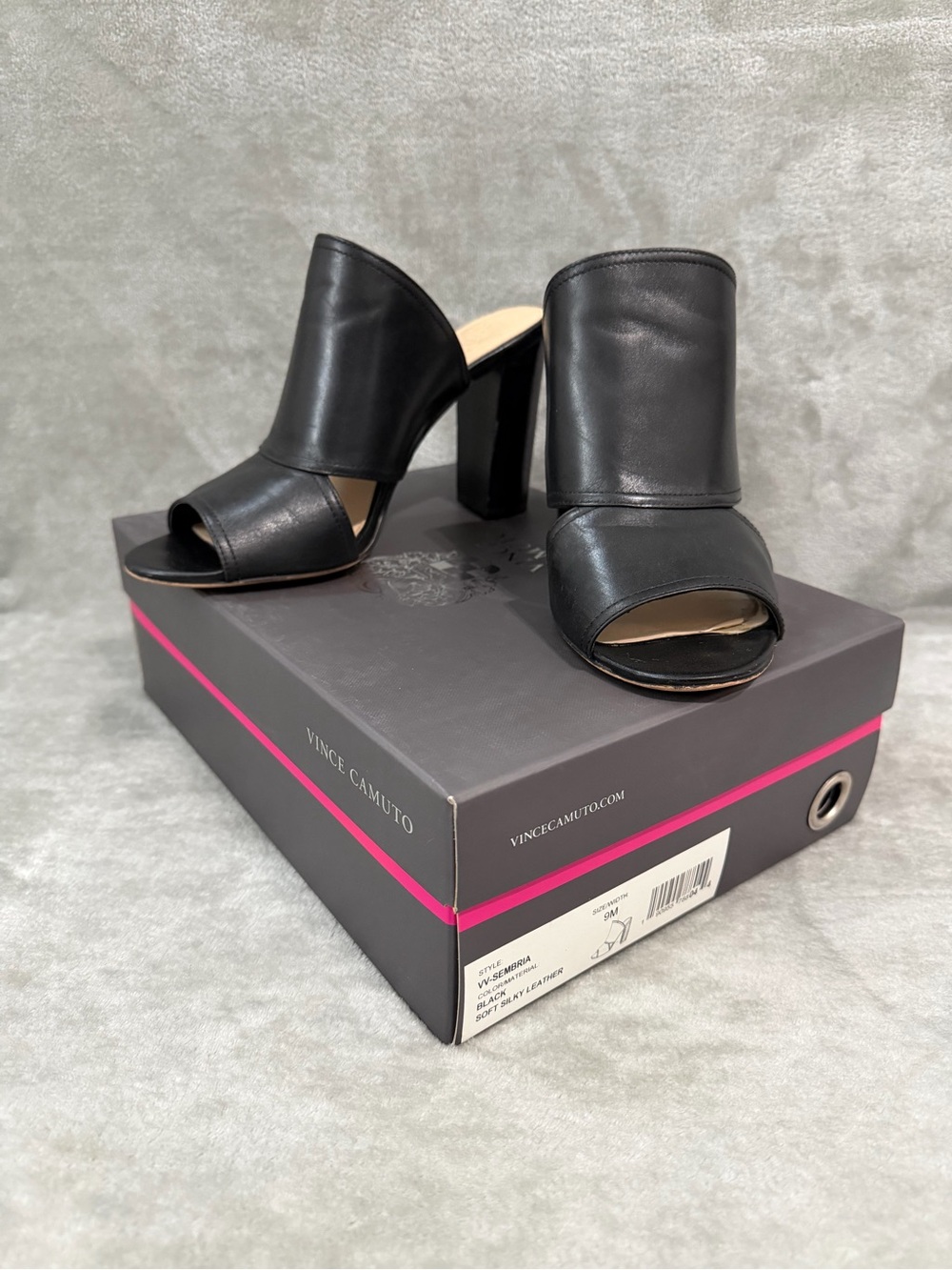 Vince Camuto Sembria Black Leather Open Toe Block Heel Mule Sandals Size 9